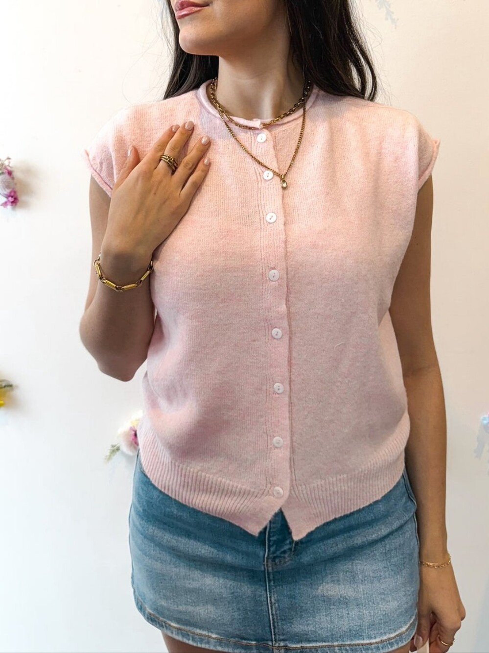 JOA Pastel Pink Sleeveless Button Up Knit Crew Neck Sweater Vest Knit Wool L